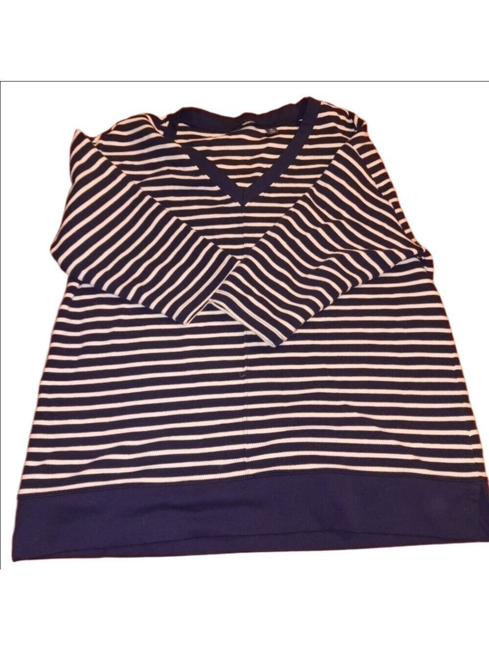 Lands End V Neck Striped Top White Blue 1X